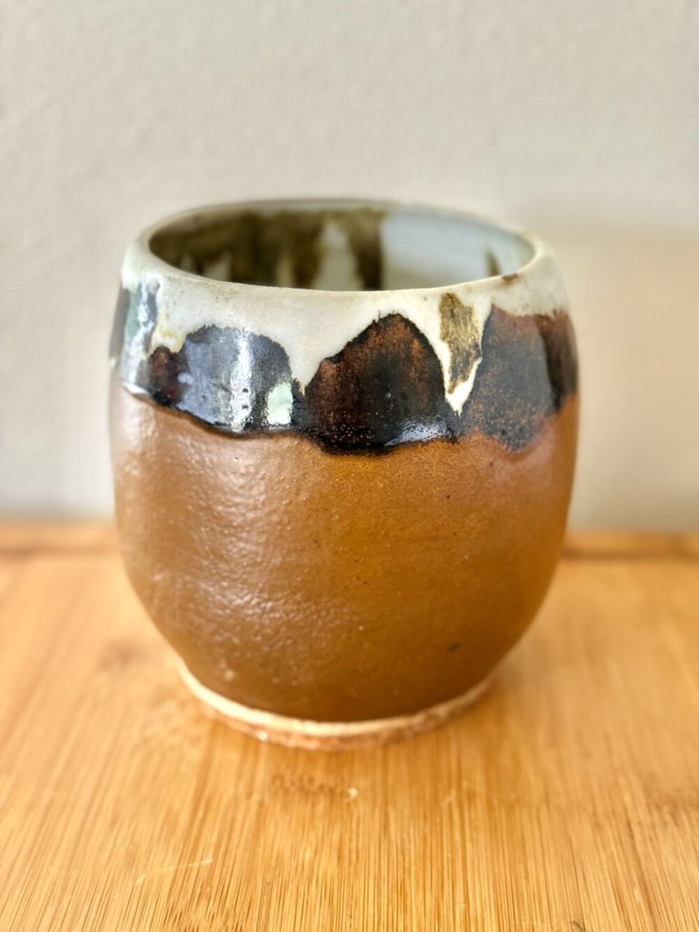 Vintage Mid Century Cork-Based Earthenware Planter Pot In Primitive Glaze